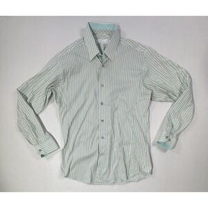 Jared Lang Men's Medium Dress Shirt Striped Brown Aqua White Long Sleeve